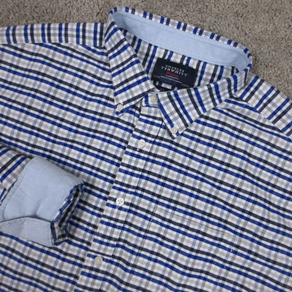 Charles Tyrwhitt Shirt Mens 3XL Blue Plaid Oxford Cloth Flip Cuff Button Up EUC